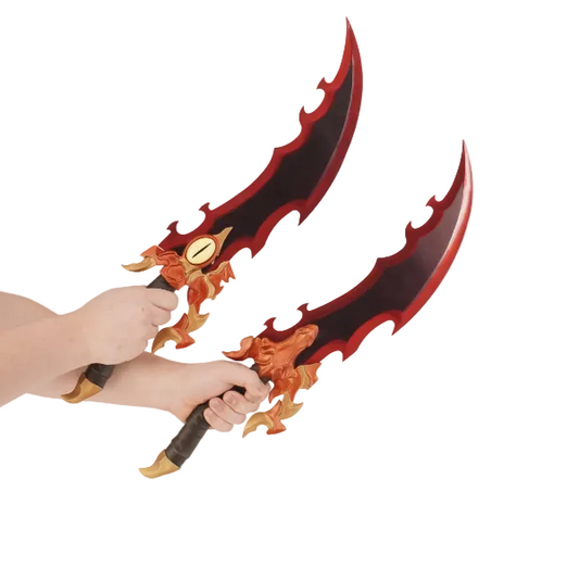 Decorative sword held by a person against a white background