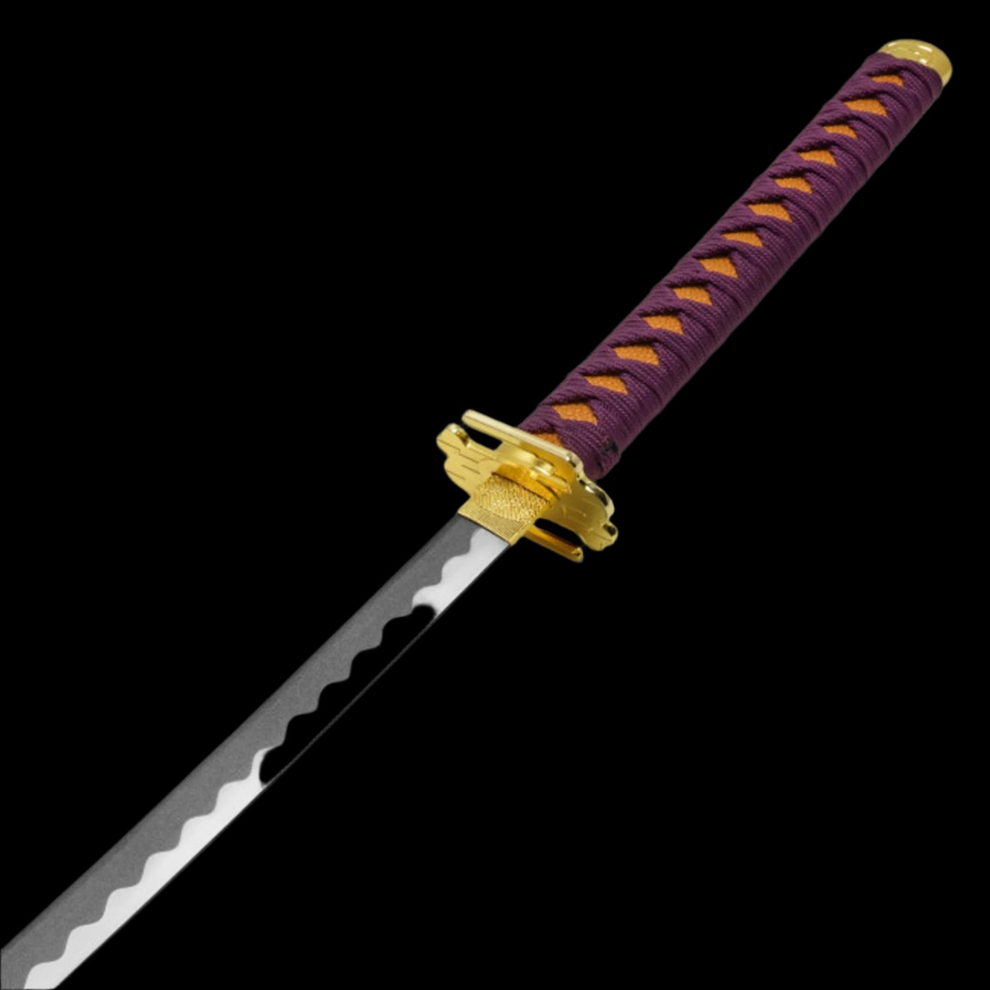 Sword with a purple handle and gold guard on a black background