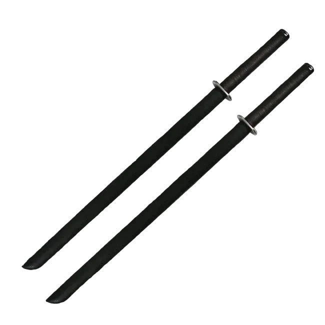 Two black swords with sheaths on a black background