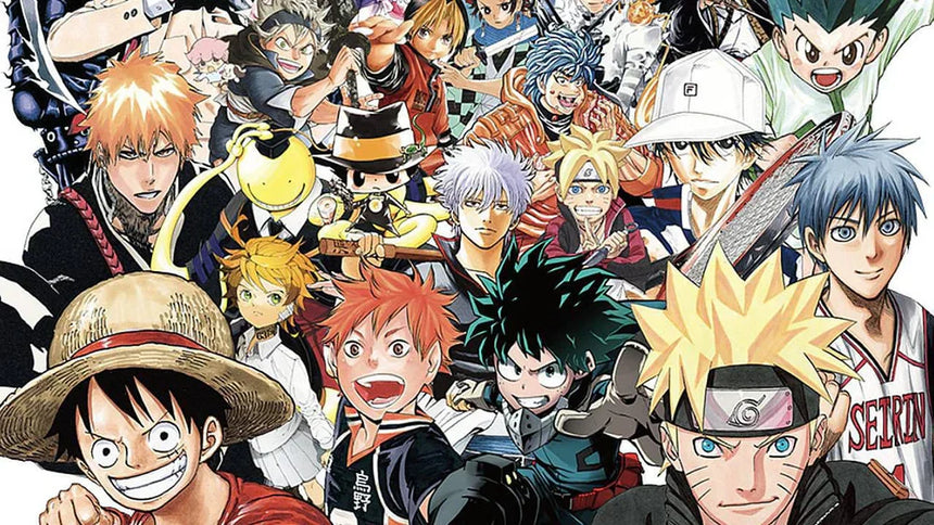 A colorful collage of iconic anime protagonists from major series, showcasing a mix of action, sports, and fantasy characters that represent the best of anime culture.