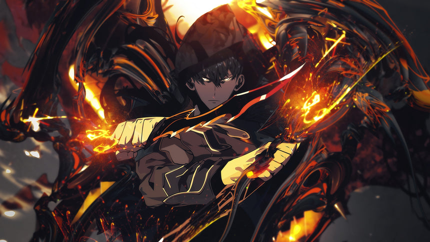 Anime warrior with glowing blades and shadowy aura, inspired by Solo Leveling.