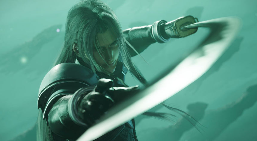 Artwork of Sephiroth wielding a long sword, surrounded by a green glow with a dramatic close-up perspective.