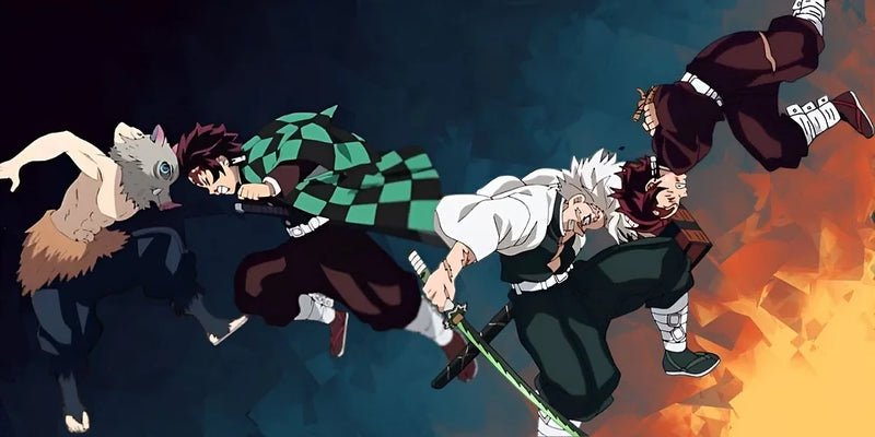 Anime fighters clash mid-air in a split blue and fiery backdrop.