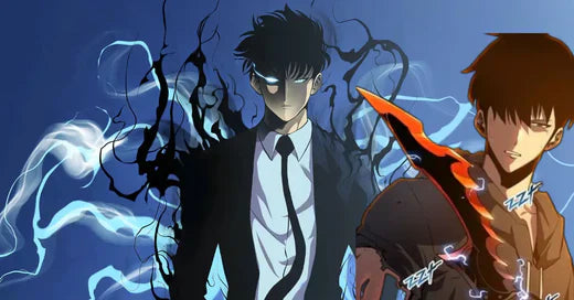 Anime illustration of Sung Jin-Woo surrounded by shadowy energy with glowing eyes, holding a dagger, alongside another version of him with lightning effects.