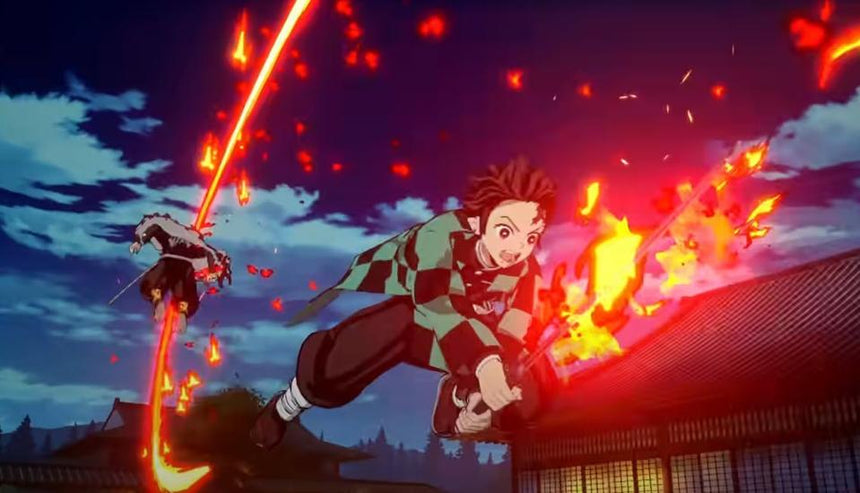 Tanjiro holding flaming sword
