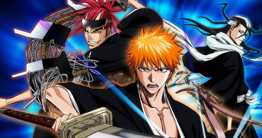 A high-resolution anime-style promotional image featuring three male characters from Bleach in dynamic combat poses.