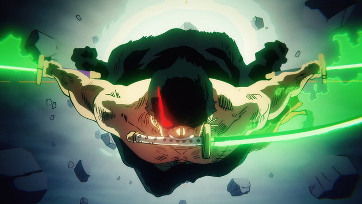 A muscular swordsman lunges forward midair, gripping one glowing green blade in his mouth while extending two more in each hand. Green energy crackles around the swords, debris floats around him, and one eye glows red as he charges with intense focus.