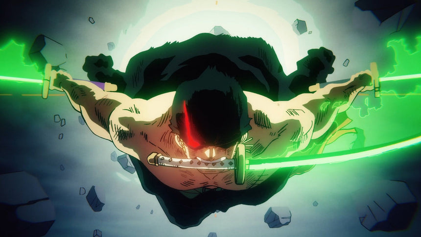 A muscular swordsman lunges forward midair, gripping one glowing green blade in his mouth while extending two more in each hand. Green energy crackles around the swords, debris floats around him, and one eye glows red as he charges with intense focus.