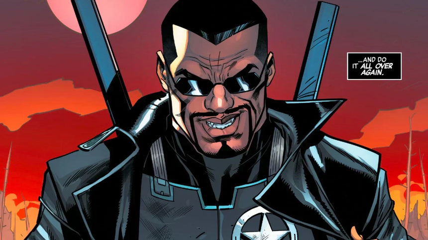 Comic-style Blade in black suit with sunglasses and swords on his back, smirking against a red sky background.