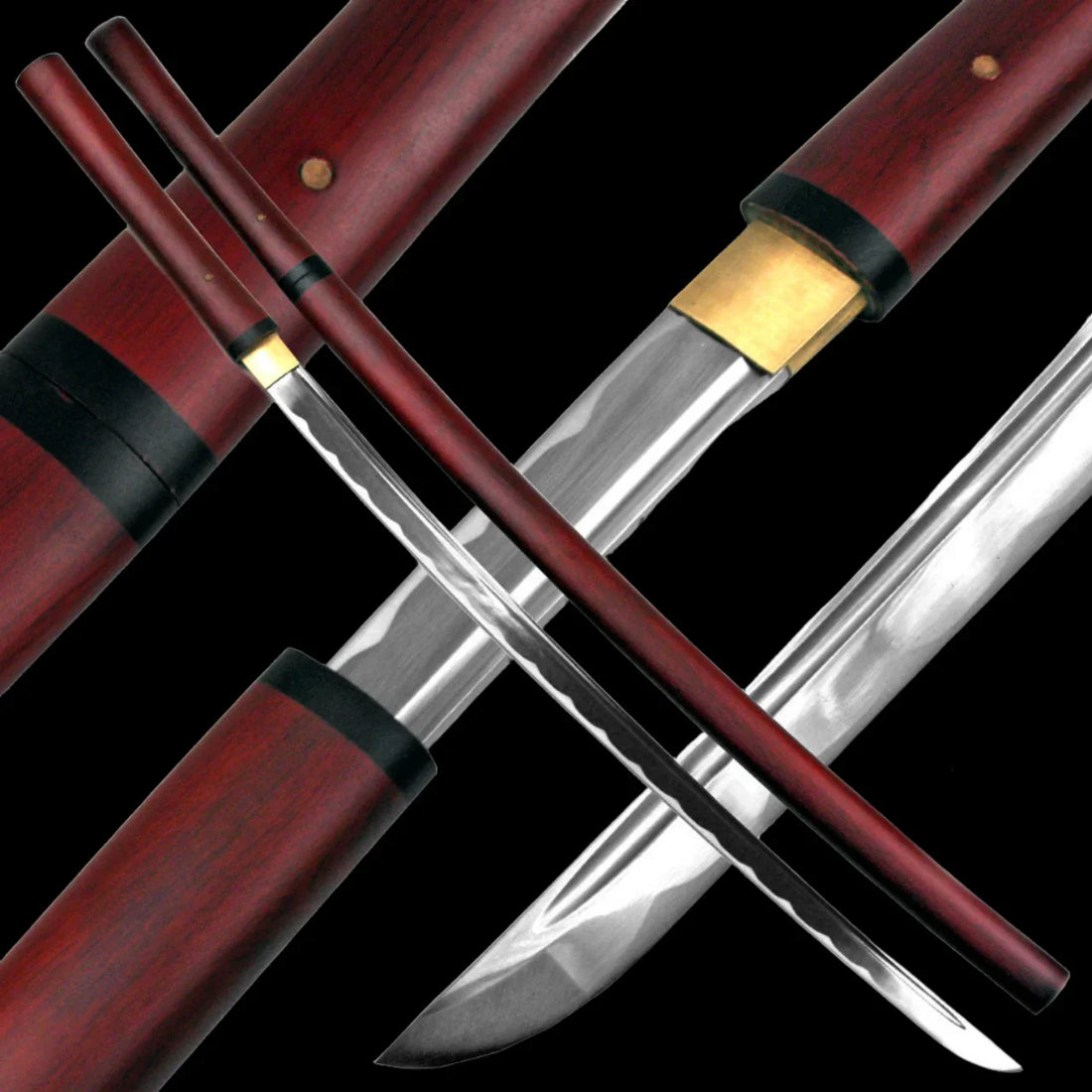 "Close-up of a Japanese katana sword with a red wooden scabbard and polished steel blade, showcasing the hamon line and traditional craftsmanship."