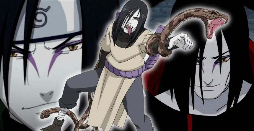 Orochimaru from Naruto surrounded by snakes, showing his serpentine powers and sinister expression with close-up portraits in the background.