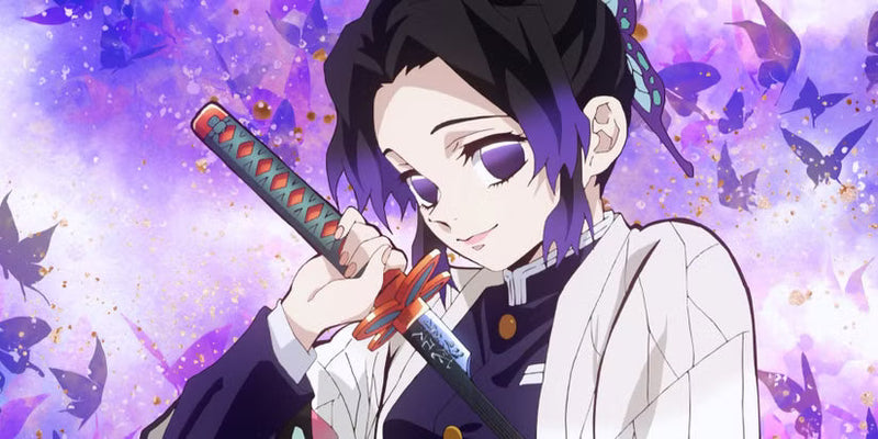 Shinobu Kocho holding a slender purple Nichirin sword, wearing a butterfly-themed haori, set against a soft, glowing anime background.