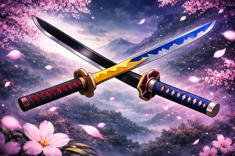 Two crossed anime-style swords with red and blue handles set against a cherry blossom landscape.
