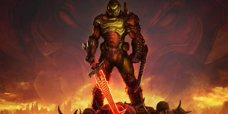 Armored sci-fi warrior standing amid flames while holding a glowing red Doom Sword over fallen enemies in a hellish battlefield.