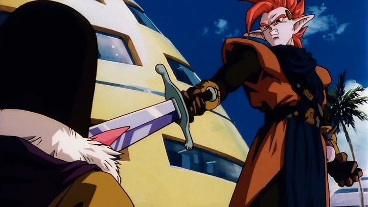 An elf-like warrior with red hair points a sword forward with a fierce expression, confronting another character, with a rounded yellow building and palm trees in the background.