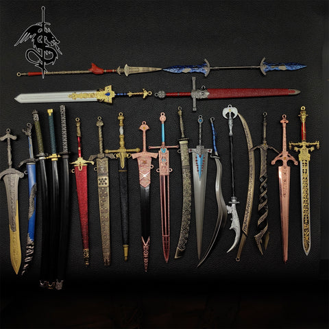 Elden Ring replica swords displayed on a black background, featuring iconic blades like Rivers of Blood and Moonveil.