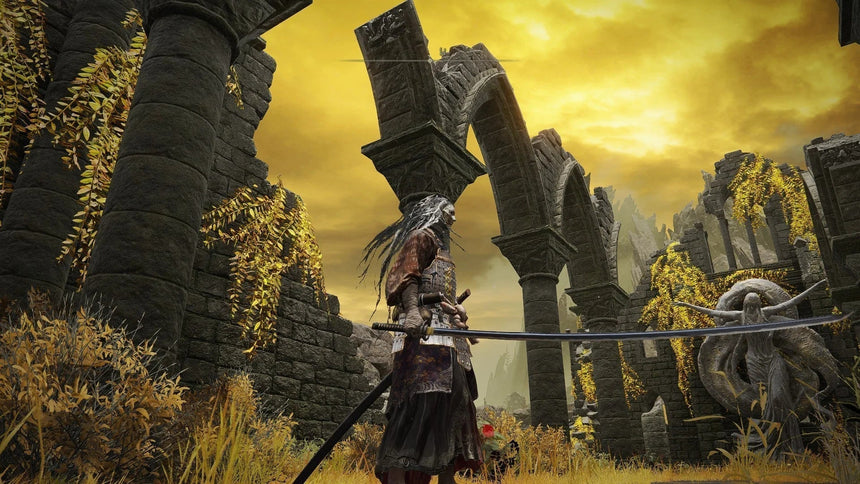 "Elden Ring character wielding the Nagakiba katana, standing in golden-lit ruins with overgrown vines and broken stone arches."