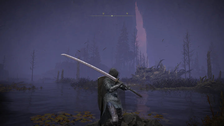 Armored warrior standing in shallow water holding the Nagakiba katana in Elden Ring, with a foggy swamp landscape and distant glowing tree in the background.