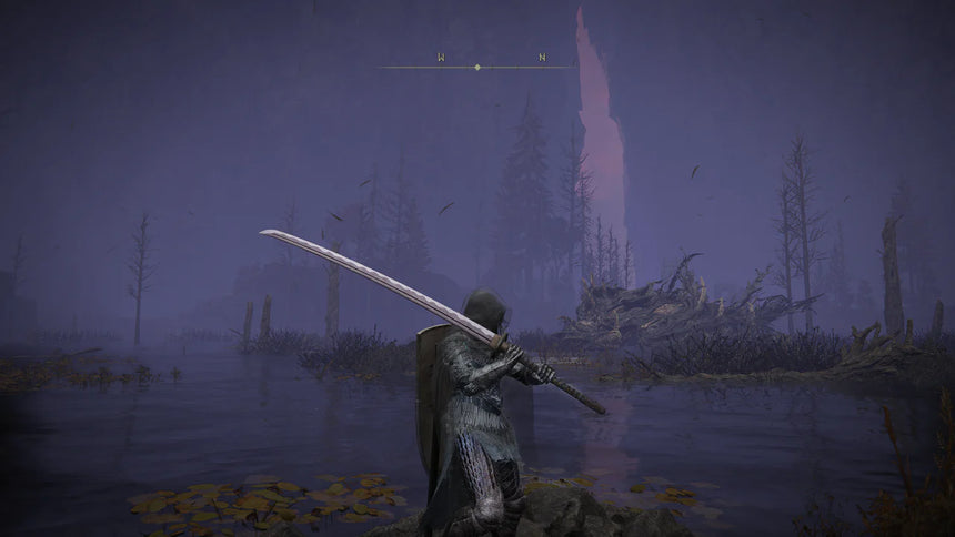 Armored warrior standing in shallow water holding the Nagakiba katana in Elden Ring, with a foggy swamp landscape and distant glowing tree in the background.
