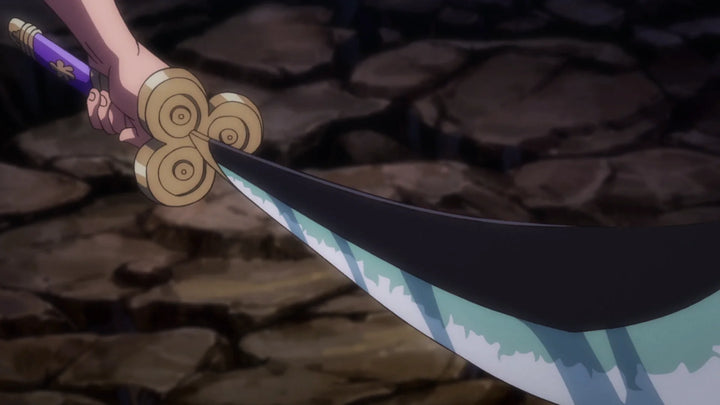 A curved katana with a dark blade and teal edge pattern is held forward, its ornate circular guard and purple handle visible against a cracked stone ground backdrop.