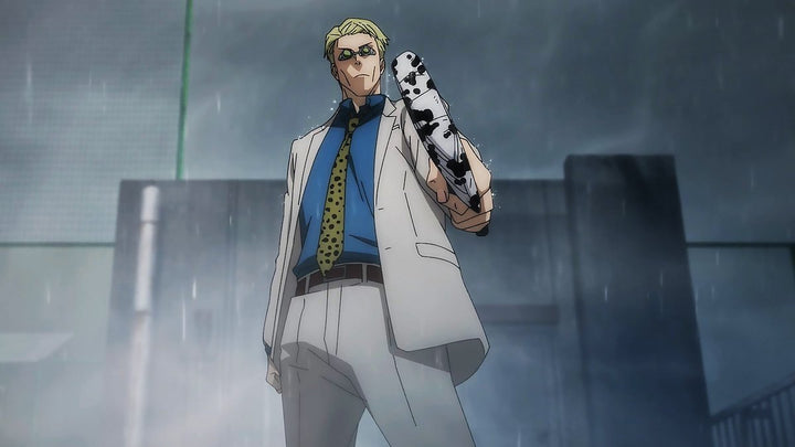 Nanami Kento from Jujutsu Kaisen standing in the rain wearing a white suit and holding his wrapped cleaver weapon.