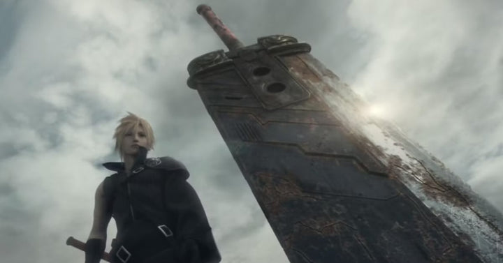 Cloud Strife in a dark outfit holding a large sword, standing against a dramatic, moody background.