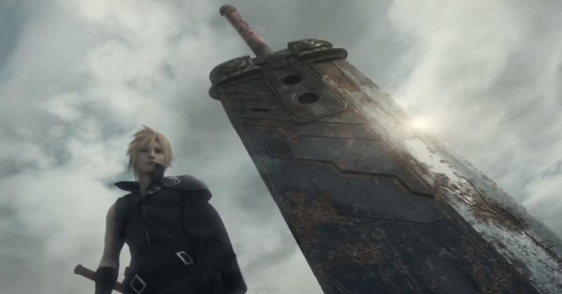 Cloud Strife in a dark outfit holding a large sword, standing against a dramatic, moody background.