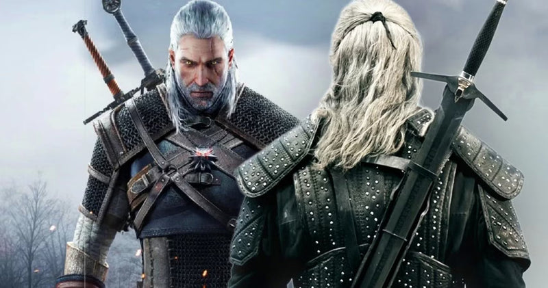 Artwork of Geralt of Rivia in armor, facing another version of himself, with two swords visible against a gray, misty backdrop.