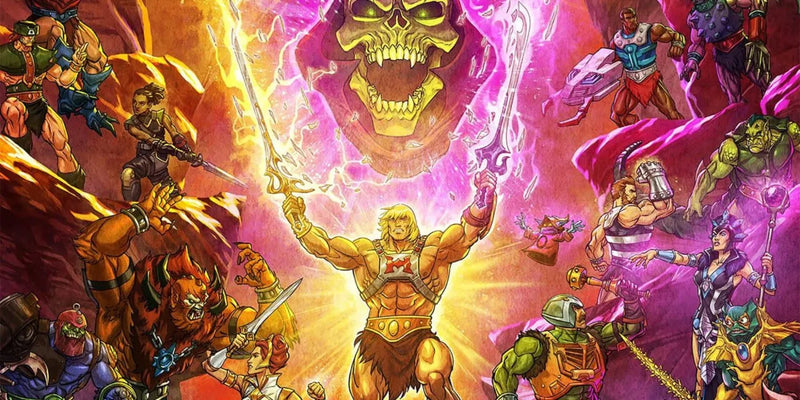 "He-Man and other Masters of the Universe characters battling with weapons in front of a glowing skull portal."