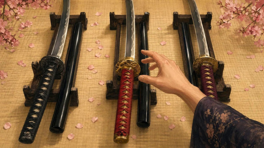 Three katanas displayed on wooden stands with scattered cherry blossom petals, while a hand reaches toward the center sword.