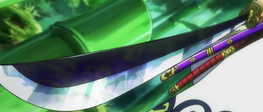 A curved, dark-bladed sword rests against green bamboo. It features a glossy edge, a purple-wrapped handle, and ornate gold accents, giving it a mystical anime-inspired look.