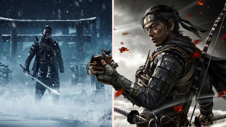 Samurai warrior in armor stands in snow while another holds a mask in a dramatic scene.