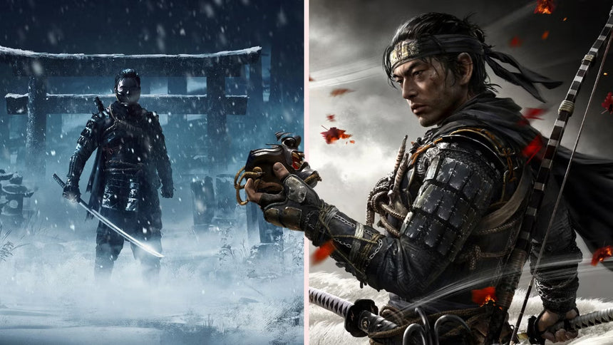 Samurai warrior in armor stands in snow while another holds a mask in a dramatic scene.