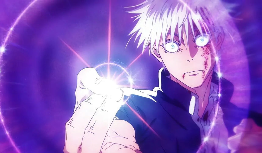 Gojo Satoru using Limitless technique with glowing purple energy in Jujutsu Kaisen scene