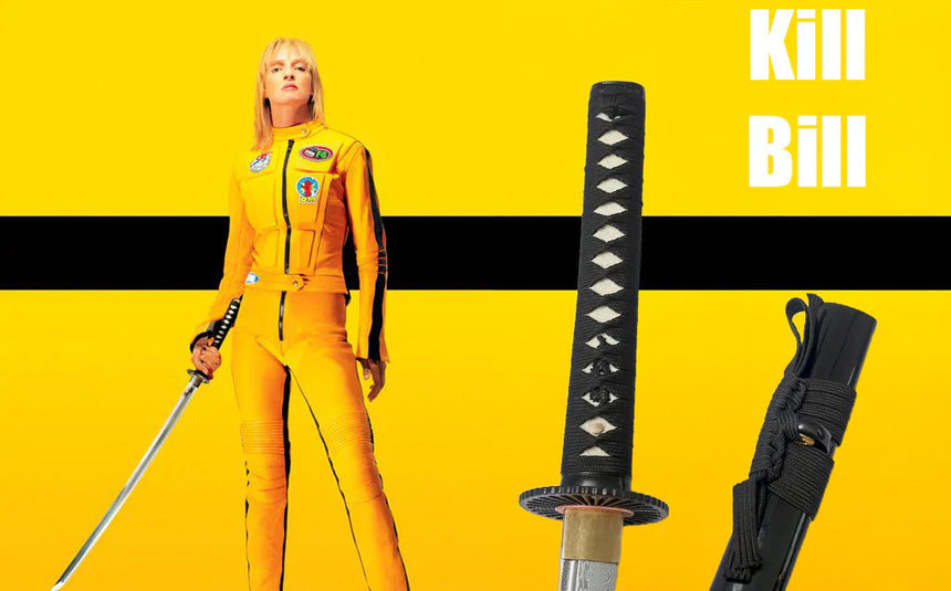 Woman in yellow jumpsuit holding a katana with “Kill Bill” text and sword close-ups.