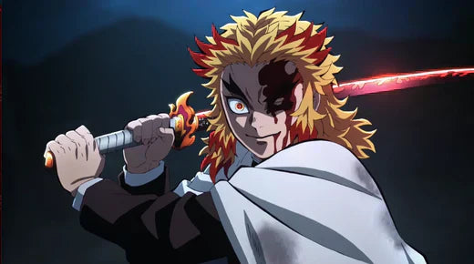 A fierce anime swordsman with flame-like hair wields a glowing blade, showing intensity and determination in battle.