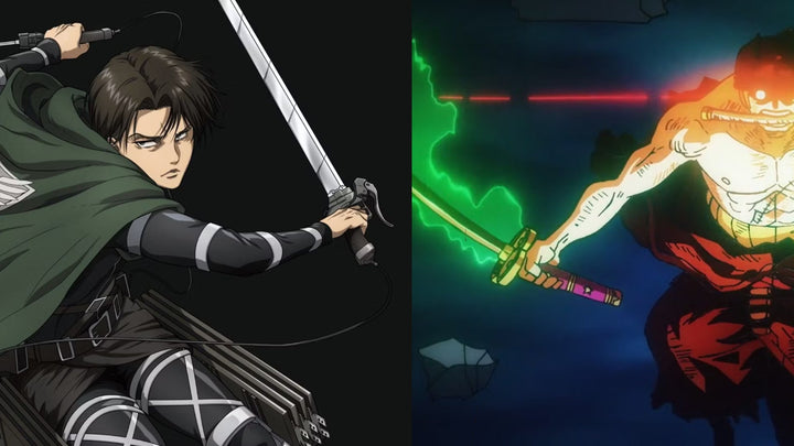 Two anime swordsmen are shown side by side in battle-ready stances. On the left, a cloaked soldier wields dual blades with maneuver gear, while on the right, a muscular fighter grips a katana glowing with green energy, poised to strike.