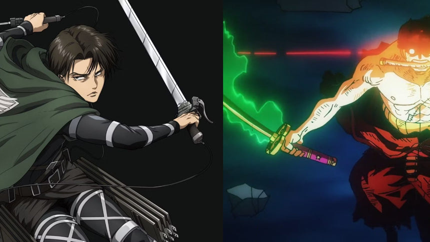 Two anime swordsmen are shown side by side in battle-ready stances. On the left, a cloaked soldier wields dual blades with maneuver gear, while on the right, a muscular fighter grips a katana glowing with green energy, poised to strike.