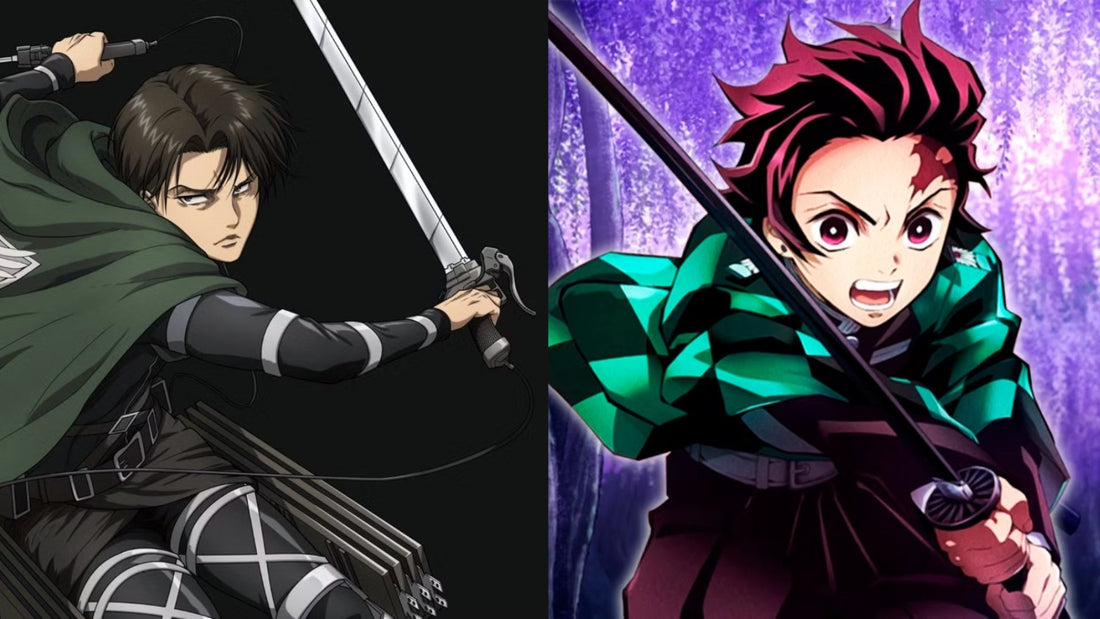 Two anime swordsmen are shown in dynamic combat stances. The left character resembles a Scout from Attack on Titan, while the right resembles Tanjiro from Demon Slayer, both ready for battle.