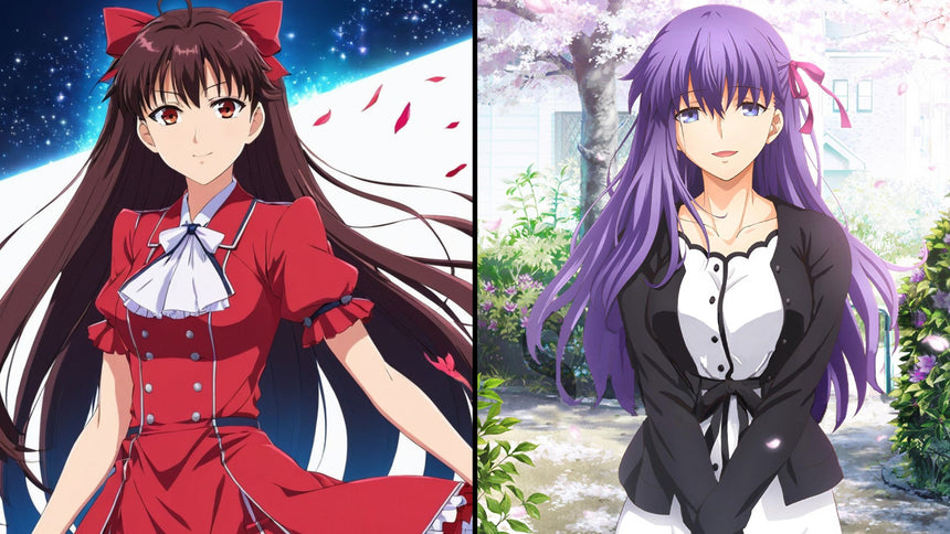 Side by side anime illustration of two girls, one with long brown hair and a red outfit against a starry sky, and the other with long purple hair in a black and white outfit standing under cherry blossoms