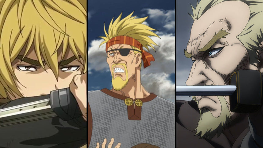 Three blond, battle-hardened men are shown in a split-panel image. The left grips a sword close to his face, the center wears an eyepatch and headband while shouting, and the right holds a blade near his face with a stern, focused expression.