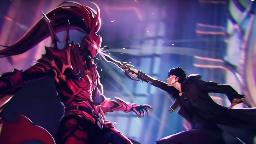Anime-style scene of a black-haired protagonist lunging forward to strike a red armored demon in a dramatic fantasy battle.