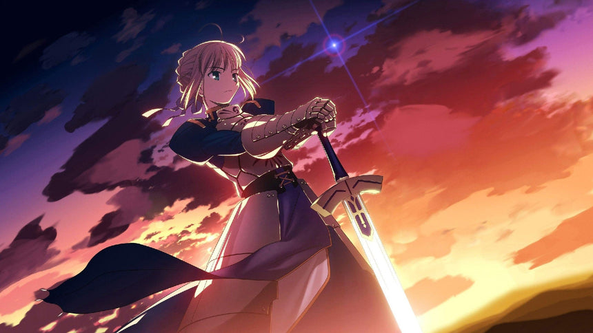 Anime style illustration of a blonde armored knight holding a glowing sword against a dramatic sunset sky