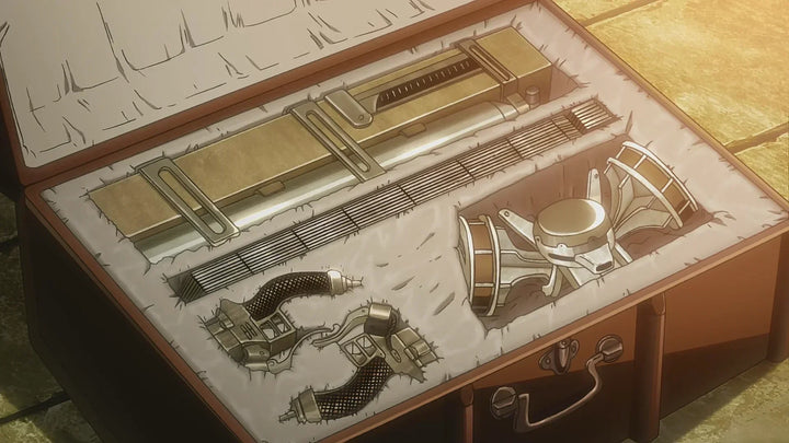 Anime-style case containing mechanical gear components neatly arranged in padded compartments.