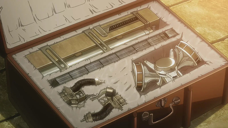 Anime-style case containing mechanical gear components neatly arranged in padded compartments.