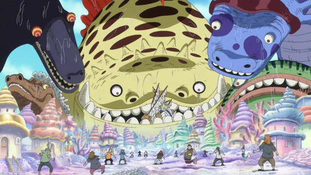 Colorful animated scene featuring three massive sea monster creatures looming over a pastel candy like island town, with small armed fighters standing below preparing to confront them