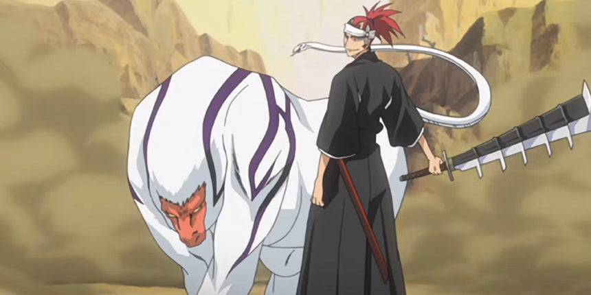 Renji Abarai stands with Zabimaru’s baboon spirit and segmented blade, exuding power in a rocky, dust-filled battlefield scene