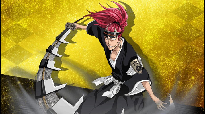 Renji Abarai from Bleach wielding his segmented Zanpakutō Zabimaru in Shikai form, swinging the snake-like blade with his red hair flowing against a golden background.