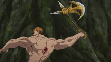 Escanor prepares to swing his Divine Axe Rhitta with immense strength, showcasing his muscular back and signature scar during a battle in The Seven Deadly Sins anime.