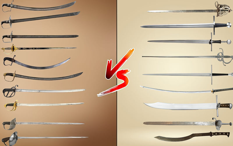 A curved saber collection versus straight swords comparison graphic with a bold VS in the center.
